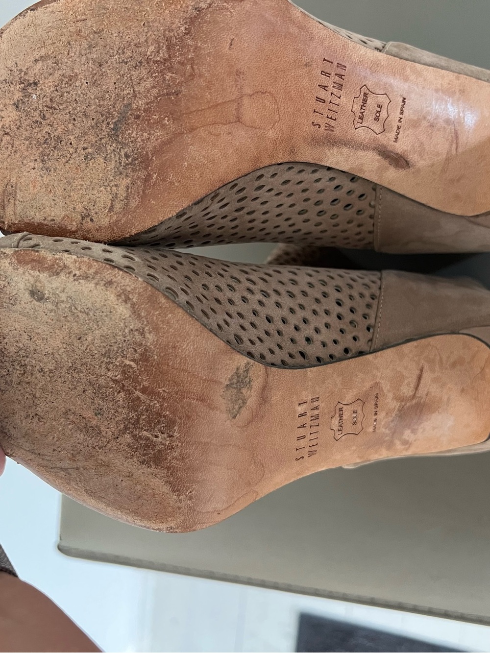 Stuart Weitzman Taupe Suede Perforated Peep-Toe Ankle Boots - Picture 8 of 9